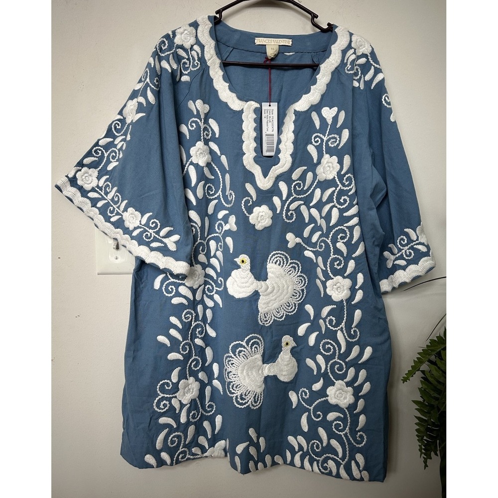 NWT Frances Valentine Linen Peacock Embroider Blue Tunic Caftan Dress Sz 14